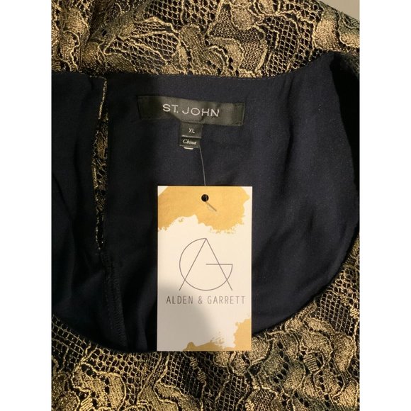 St. John Shimmering Gold & Blue Floral Lace Short Sleeve Top, Size XL - Picture 8 of 8